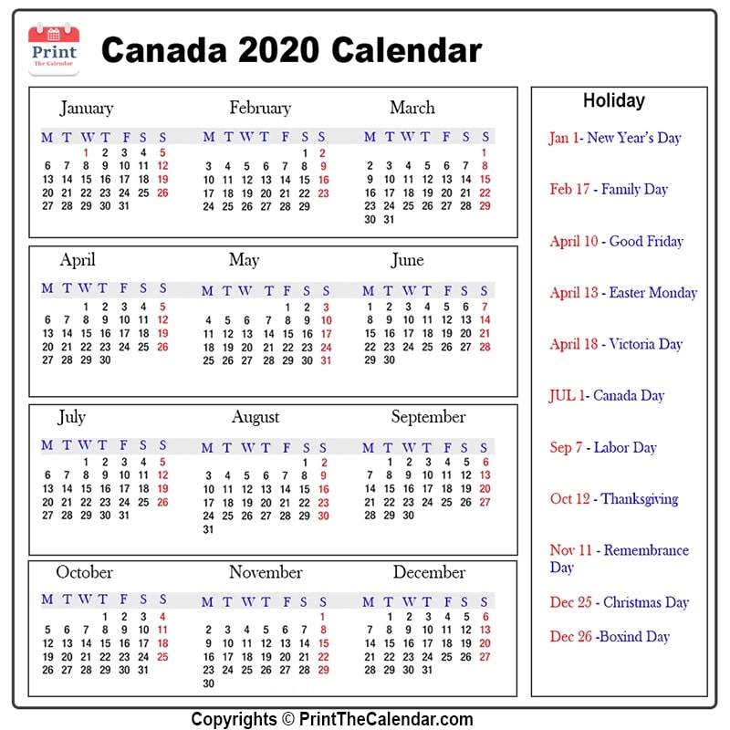 Canada Calendar 2020 with Canada Public Holidays